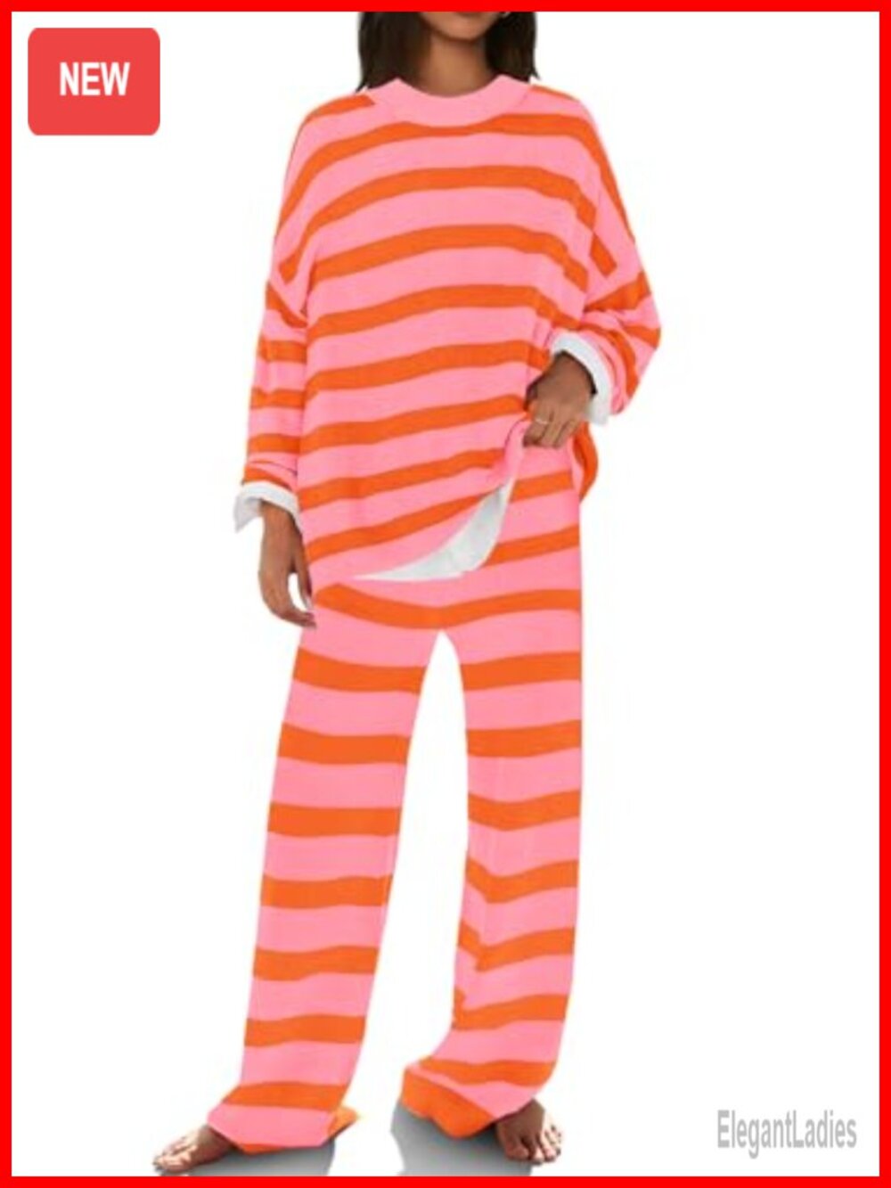 Womens Striped Sweater Lounge Set Oversized Top Wide Leg Pants 2 Piece